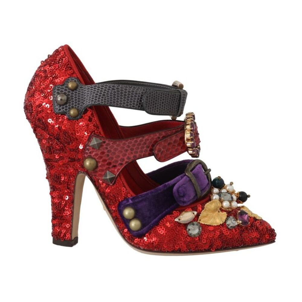 Dolce & Gabbana Red Sequined Crystal Studs Heels Women's Shoes